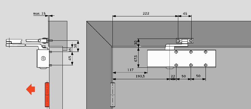 Монтаж на дверное полотно, со стороны петель. Доводчик дверной DORMA TS-73V